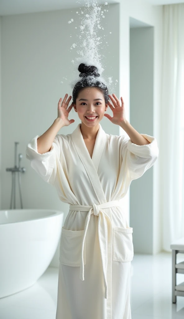 Create an Asian beauty，Standing on the ground，Hair in a bun，Beautiful beautiful big eyes，Regular facial features，Wearing a white satin bathrobe，Scratch your scalp with both hands，Two hands washing hair on top of head，There is a lot of real white foam and water on the hair，Foam wrap head，Real bubbles，Open your eyes，The expression is happy，The characters are realistic and realistic，Pure white high-end bathroom background，Character front position，9:16 frames，Ultra-high-definition picture quality