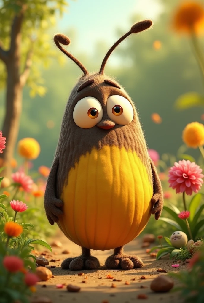 it is a seed named zoi. brown and yellow color. and has no gender. longed shape. it is a SEED it is a character adressed to kids with fearly big eyes