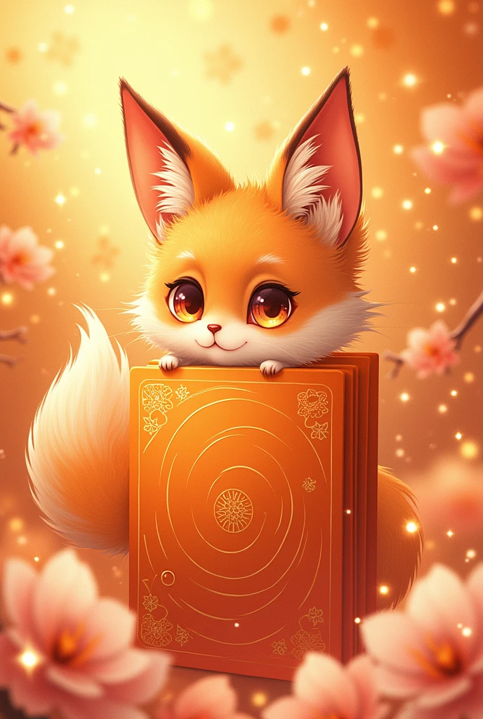 An orange colored shikigame being around someone coming out of an orange playing card 