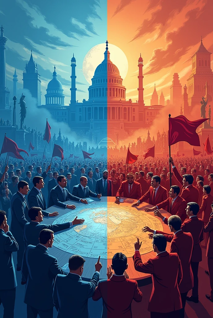 Create an image depicting the political divide between globalists and nationalists. Show two distinct groups: one in blue clothing, symbolizing global unity and international cooperation, engaged in activities like holding maps and discussing global treaties, set against a backdrop of global institutions; and another in red clothing, representing national pride and sovereignty, shown with national flags and symbols, in front of landmarks or traditional symbols. Use contrasting color palettes to highlight the division, with warm tones for the nationalists and cooler tones for the globalists, conveying the tension between the two ideologies.






















