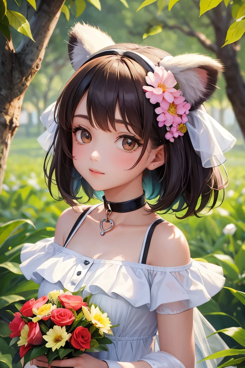 A cute and beautiful girl in a koala costume with a heart-shaped choker, in a beautiful flower field