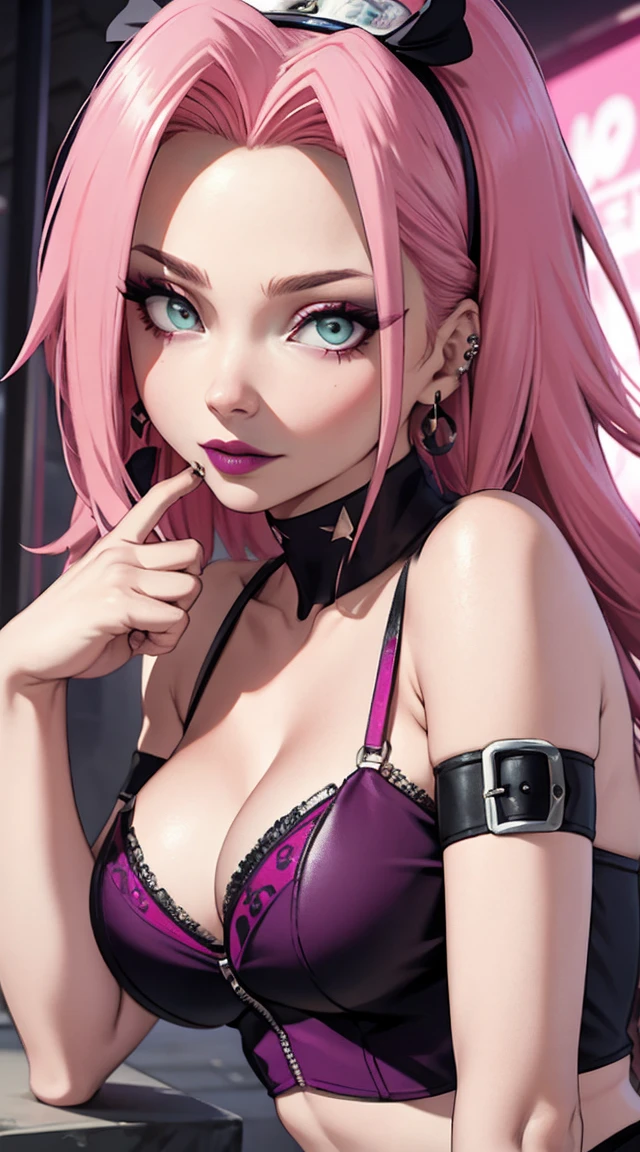 tmasterpiece， Best quality at best， 1girll， Sakura Haruno， Large breasts，prostitute attire，（cleavage)，（upperbody closeup)，Raised sexy，is shy，smile，with pink hair， long whitr hair， （Green eyeballs:1.4)， Forehead protection，nighttime, city，deep cleavage, revealing clothes, whorish (prostitute makeup:1.3), purple eyeshadow, (prostitute), slutty, midriff, prostitute, slutty outfit, lipstick, fishnet, thong, piercings, money, slutty expression,