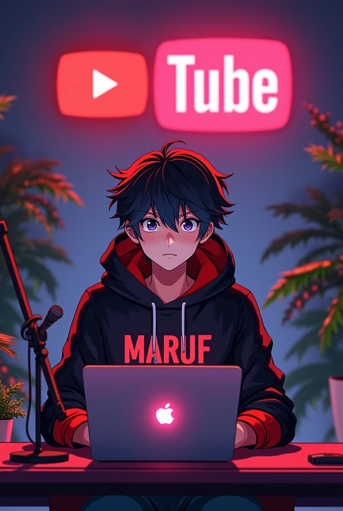 Create a image of "A 18 years anime boy , sitting in front of a computer desk with a microphone and laptop, wearing black and red hoodie with the Channel Name on it "MARUF", The background includes a large YouTube logo on the wall, potted plants on either side, and various recording equipment.