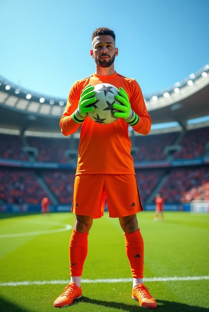 24-year-old soccer goalkeeper,with the ball in hands, green gloves, orange uniform and shoes of the same orange color