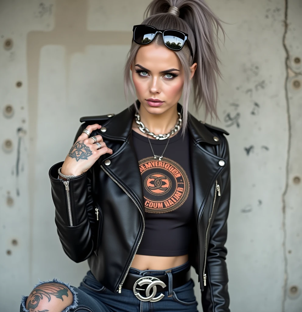 russian old milf woman, grey hair (ponytail, pompadour with shaved sides), wearing sunglasses as (big maxi sunglasses), with very light blue eyes, extremely pale. Wearing cropped black biker jacket with lots of zippers and badges on jacket flaps, cropped t-shirt with big motorcycle club logo, dark blue jeans with holes and pointy Chelsea boots with cuban heels . Silicone breasts. Lots of metallic bracelets, long pendants and lots of collars. Tacky leather belt with oversized chanel buckle. Long earrings. Kneeling, looking at the camera, legs spread, tilted head, eyes and mouth wide open in amazement. Hands touching the jacket, toned abdominals, thin legs and thin arms. Tattoed chest, hands, belly and arms.