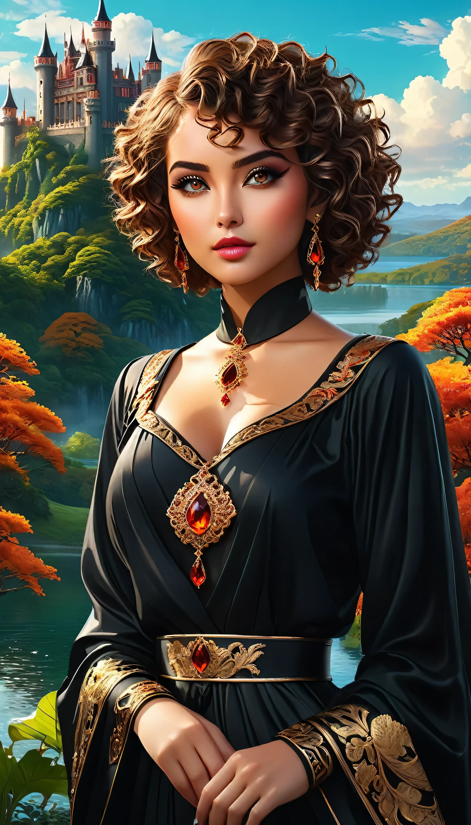 A stunning woman, short curly hair, fiery eyes, detailed black robes, jewelry, choker, in a detailed and intricate fantasy landscape with a majestic castle, rolling hills, a sparkling lake and a magical forest in the background (best quality, 4k, 8k, high resolution, masterpiece:1.2), ultra-detailed, (realistic, photorealistic, photorealistic:1.37), digital art, concept art, dramatic lighting, warm color palette, lush foliage, detailed architecture, ornate decorations , fantastic elements