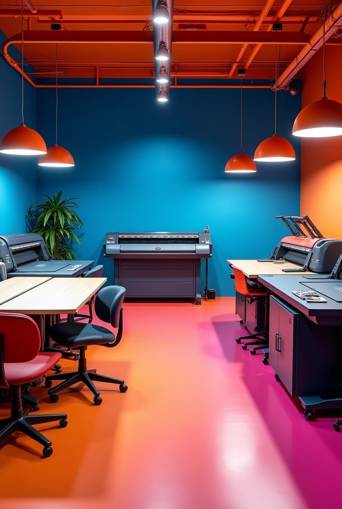 Interior design, Area 18mt depth 6 width 5mt, advertising agency, colors blue orange fuchsia, behind workshop tools cutting table and many printers