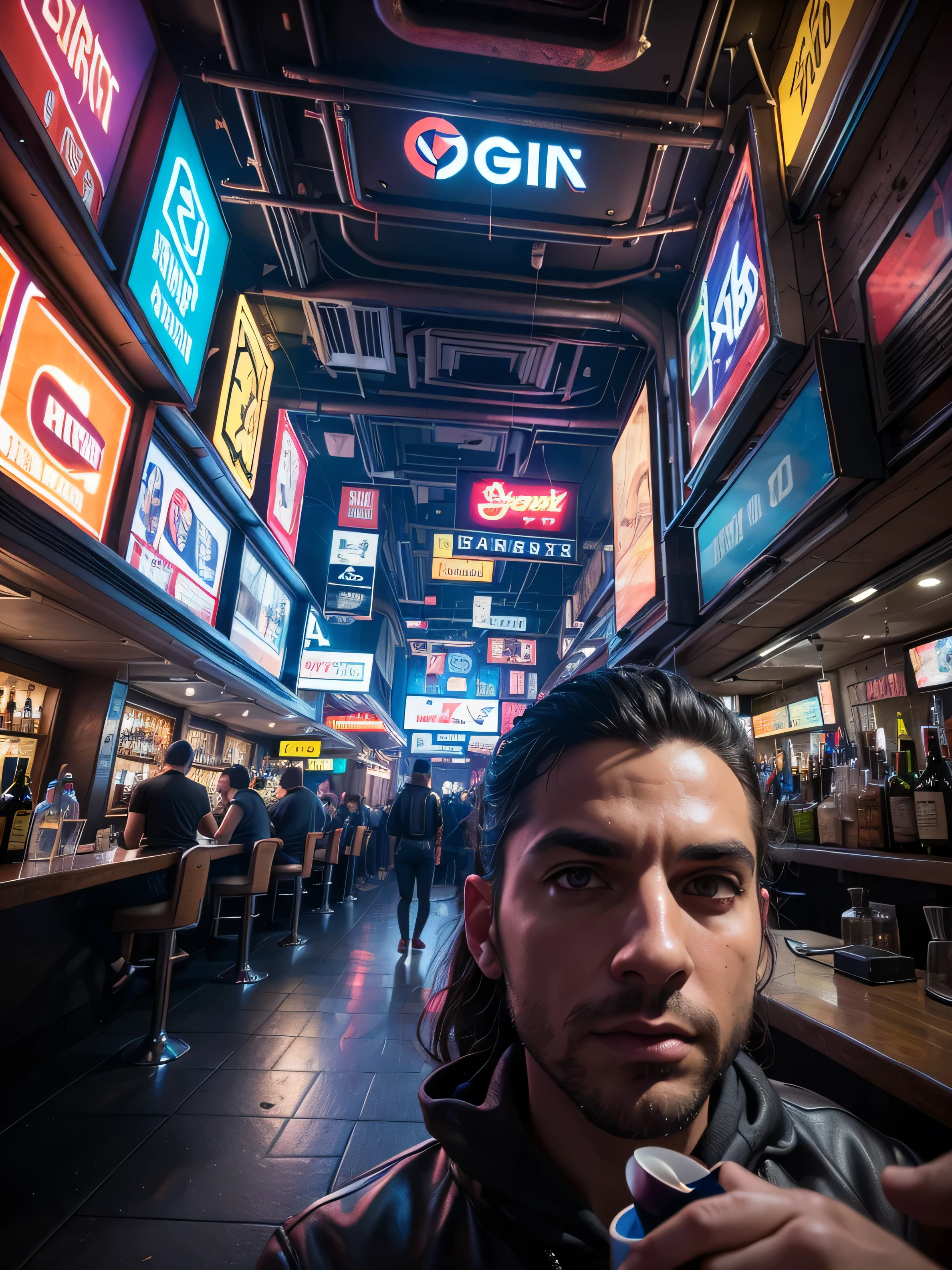 (((Masterpiece))),high resolution,realistic details,sharp focus, hyper-realistic photo of 2 guys at a bar,(((2 guys sitting in bar, drinking))),Fisheye 5 mm lens taken from behind, cyberpunk scene, cyberpunk vibe, New York city in the year of 2527. Super futuristic bar, sharp details,anatomically correct bodies, depth in vision,(depth in vision 1.3), illuminated by vibrant neon lights and holograms. Capture the scene from a street-level perspective during a dark and rainy night. The atmosphere should convey a bustling yet ominous mood, highlighting the contrast between the dystopian environment and advanced technology.(Very detailed: 1.3),4k, back shot