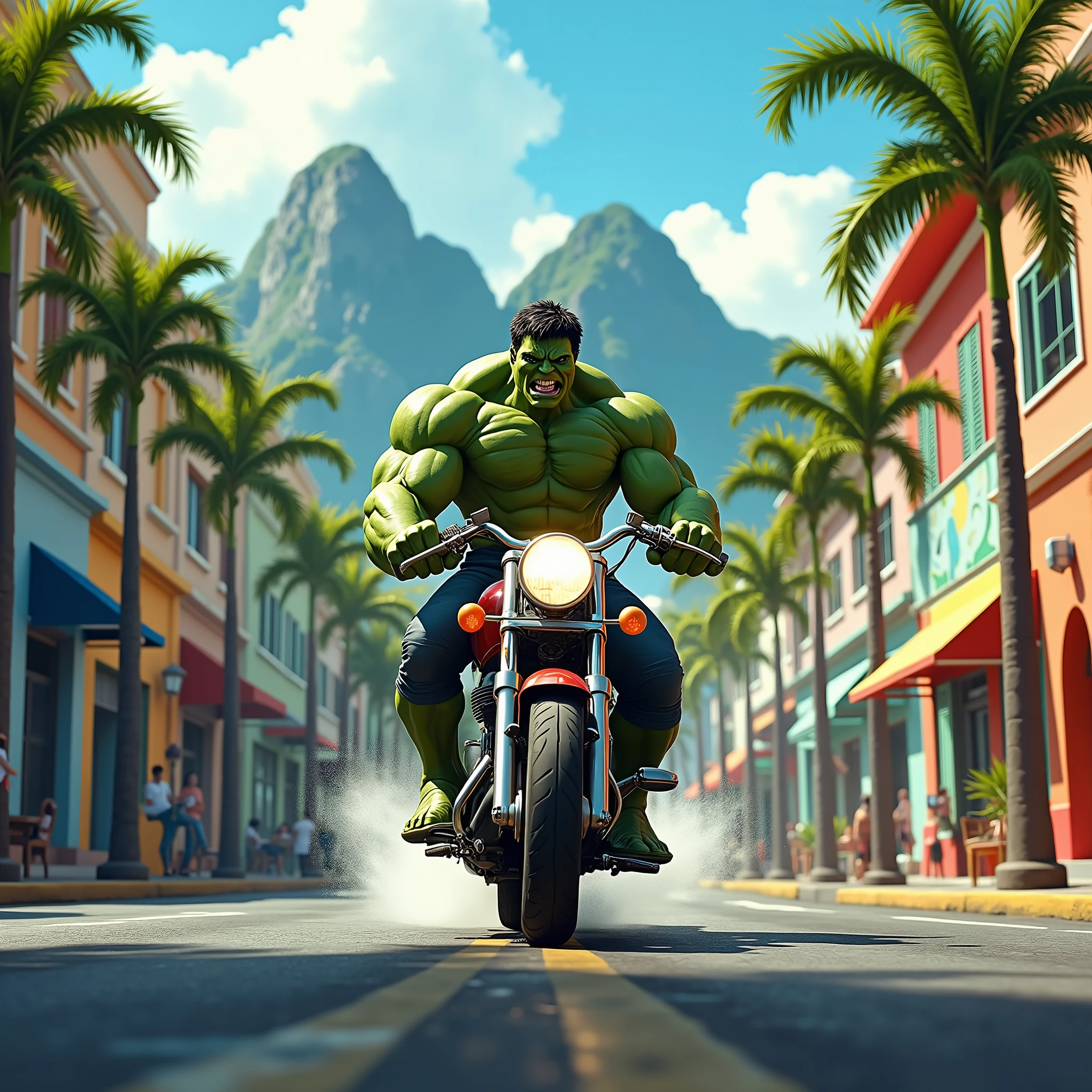 (Photorealism:1.2),hulk riding a motorcycle in rio de janeiro nova iguaçu