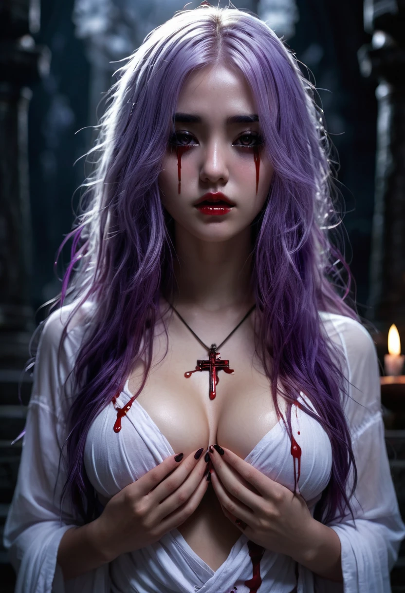 very detailed, Ultra detailed, masterpiece, Well, girl, Light tunic, criss-cross to the chest, medium breast, Marked Breasts, long hair, purple hair, black eyes, blood on the face, drops of blood, In the temple, pray on your knees, dark environment, dark fantasy, night, darkness, Perfect eyes