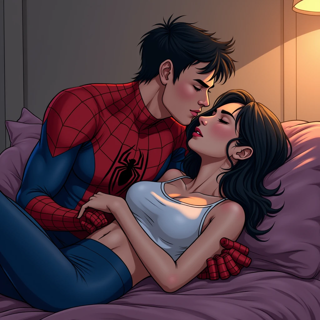 anime art: marvel art style, a masculine 20-year-old male with a big masculine bulge, wearing spider superhero outfit , He's dry humping a sleeping woman wearing lgbt shirt in the strete