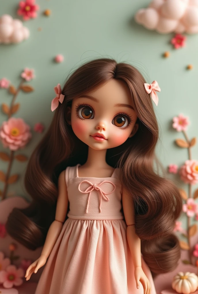 Brunette doll with long wavy hair and big brown eyes