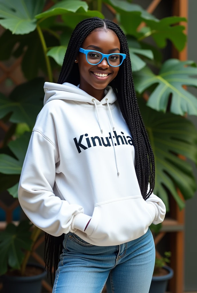 (photorealism:1.2), beautiful black African woman,22 years,sharp boobs,,wearing jeans and a fitting white hoodie written "Kinuthia", smiling,long braids,oversized blue glasses, standing , plants in background, Beyonce inspiration