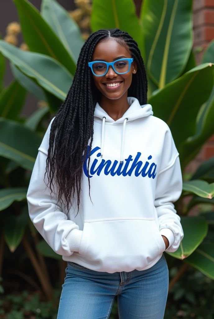 (photorealism:1.2), beautiful black African woman,22 years,sharp boobs,,wearing jeans and a fitting white hoodie written "Kinuthia", smiling,long braids,oversized blue glasses, standing , plants in background, Beyonce inspiration