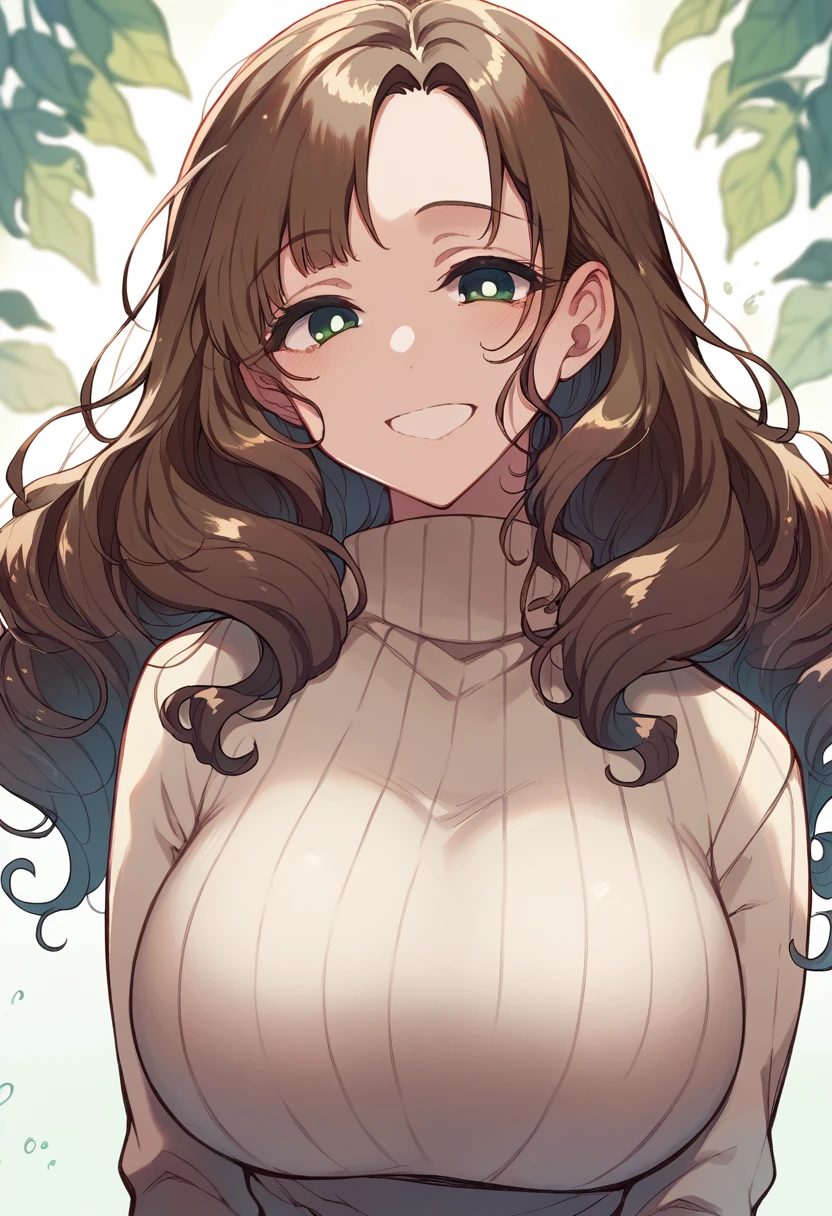Chestnut brown hair, S-shaped wavy hair, yellow-green eyes, smiling, voluptuous, beige turtleneck close-up