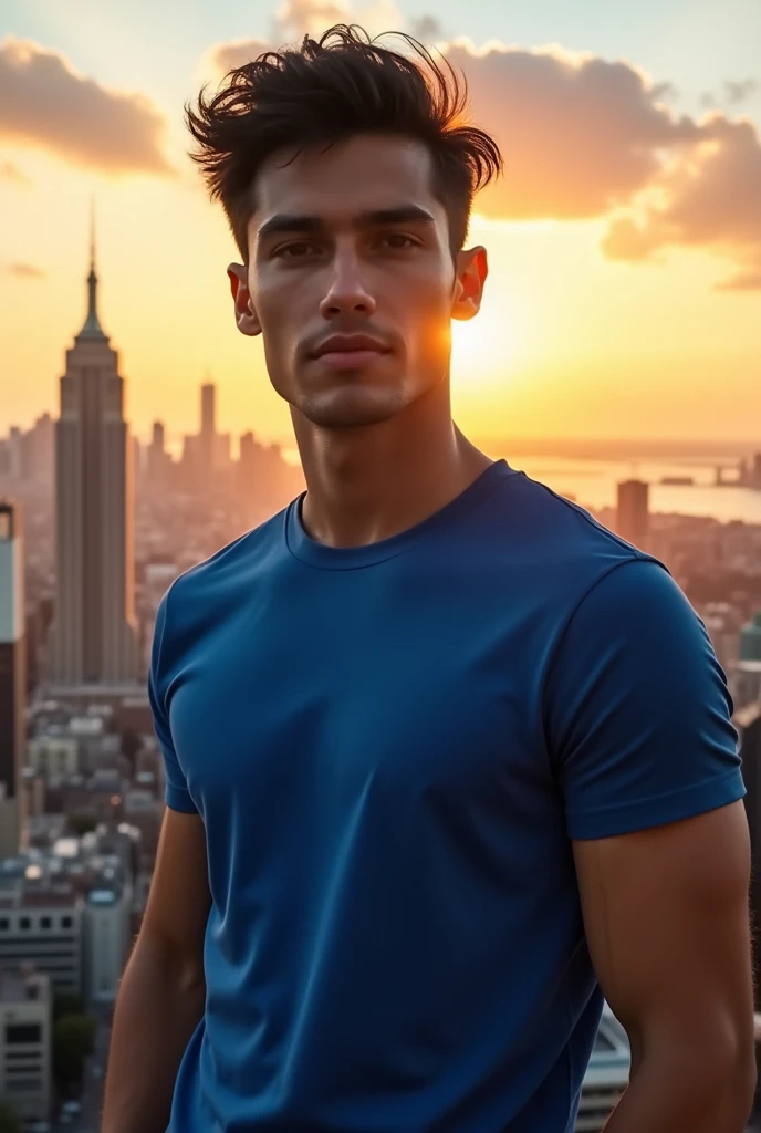 A young man with dark hair and a confident .He is dressed in a blue t-shirt