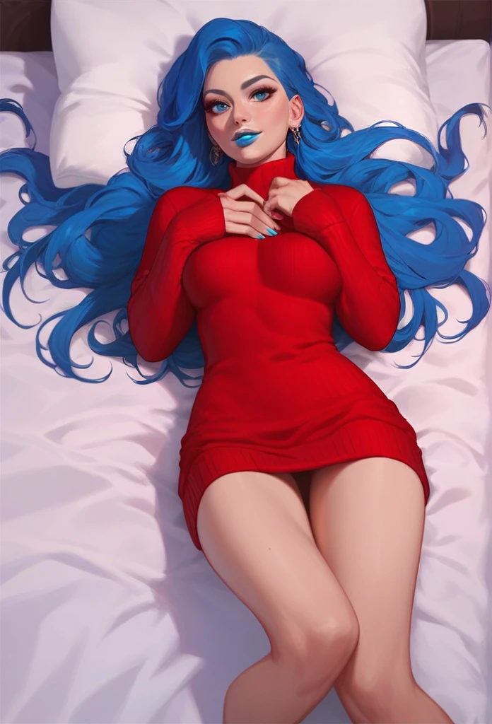 18 year old young woman, blue long hair, blue colored eyes, blue lipstick. Wearing a red sweater dress. is lying in bed. Molhada