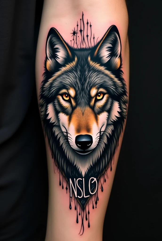 Create a wolf tattoo for your arm with a star in the wolf's eye with NSLO