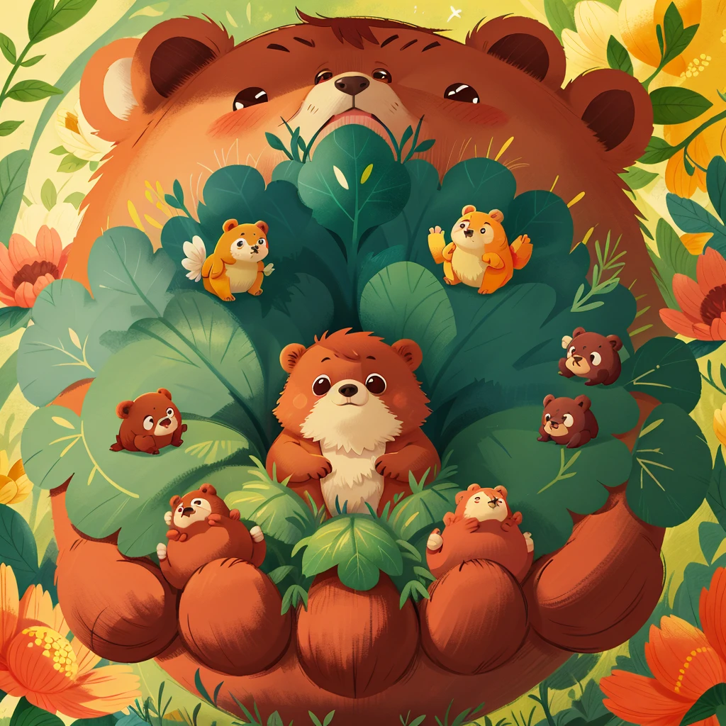Poster design, (SFW), a little Bear, perfect quality, Focus Clear, fullcolor, face perfect, details Intricate, angle of view ultra-low, wide angle lens