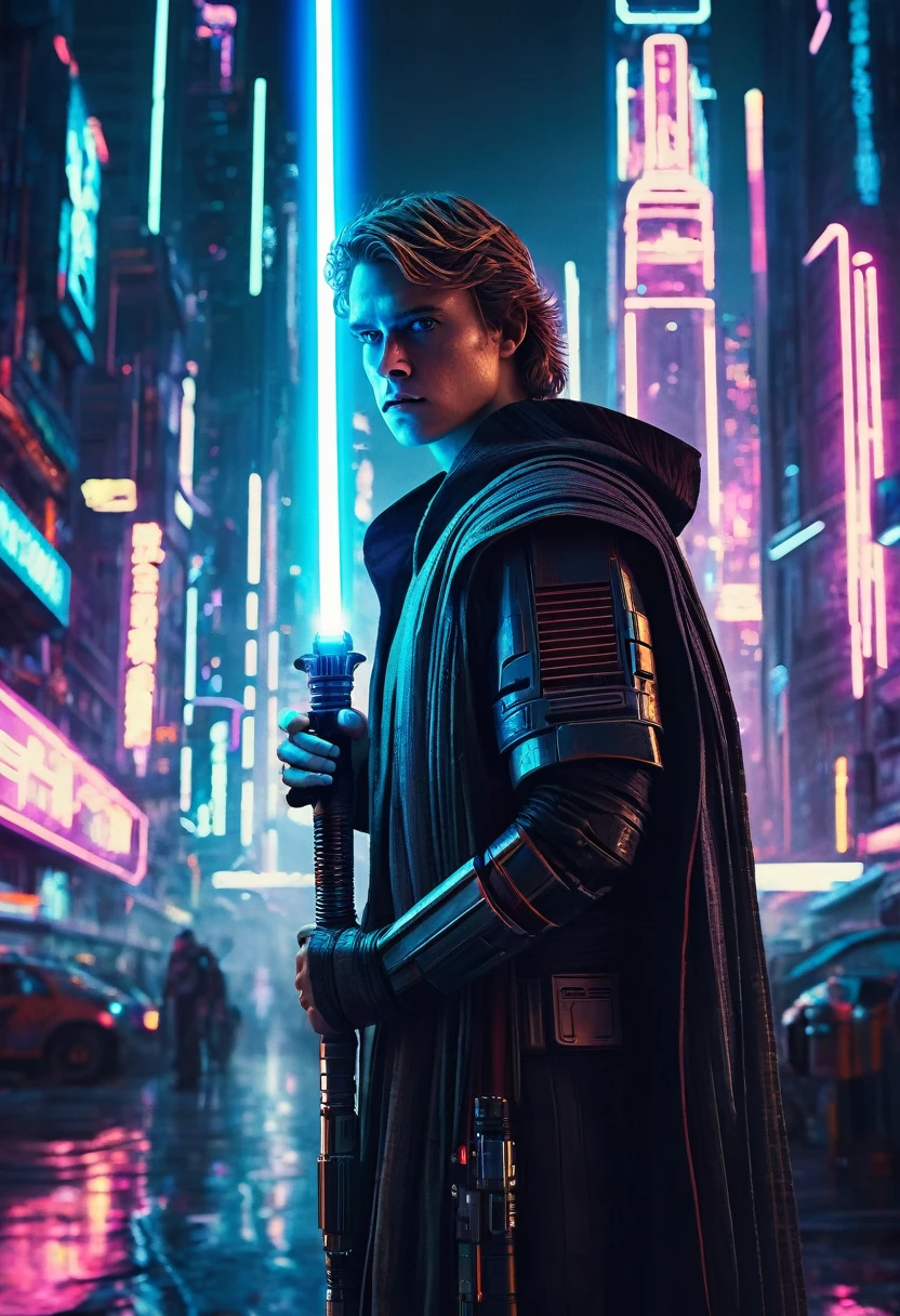 Anakin Skywalker in a futuristic cyberpunk city holding his lightsaber, massive cyberpunk skyscrapers, advanced technologies, neon lights, hovercrafts, droids, humanoid cyborgs, dark and gritty atmosphere, cinematic lighting, hyper-detailed, 8k, photorealistic, epic sci-fi landscape