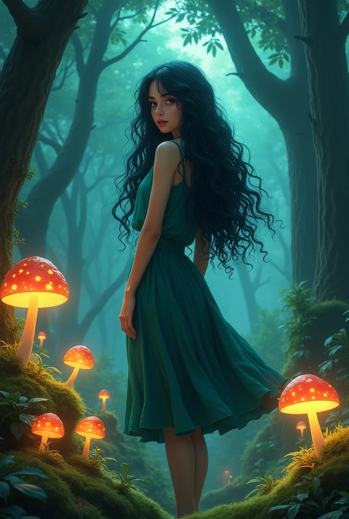 women, young, hair, long curly hair, negro, forest, DarkFantasy, fungus, anime, black eyes, pink cheeks,  anime,