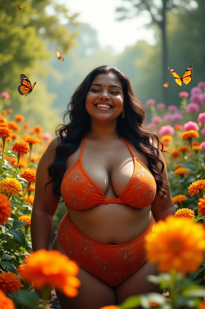 A realistic 4k 25 year old plus size cute beautiful Indian girl with bikini in the flowers garden