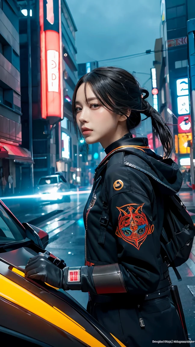 Girl in character concept art that combines Japan Ronin clothing and the beauty of modern technology.. (best quality, 4k, 8ก, height, Masterpiece:1.2), very detailed, (realistic, photorealistic, photo-realistic:1.37), Japanese ronin clothing, Future technology clothing, Detailed facial features, dynamic poses, violent expression, Katana, cyberpunk background, neon light, Mood swings, Riot Games art style, bright colors, Stylish rendering, complicated details, professional artwork, original elements, modern twist.