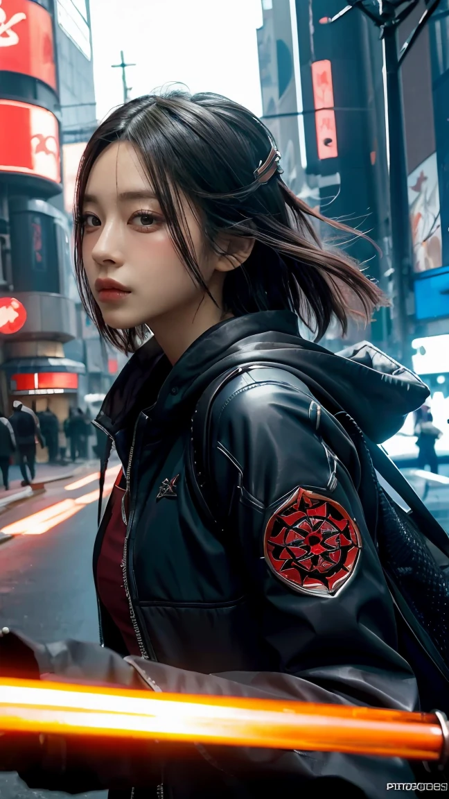 Girl in character concept art that combines Japan Ronin clothing and the beauty of modern technology.. (best quality, 4k, 8ก, height, Masterpiece:1.2), very detailed, (realistic, photorealistic, photo-realistic:1.37), Japanese ronin clothing, Future technology clothing, Detailed facial features, dynamic poses, violent expression, Katana, cyberpunk background, neon light, Mood swings, Riot Games art style, bright colors, Stylish rendering, complicated details, professional artwork, original elements, modern twist.