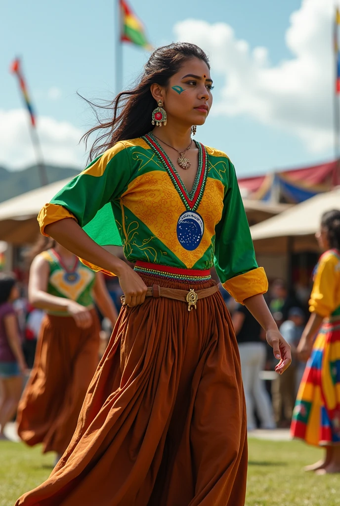 Create a dance costume for me that pays homage to the indigenous peoples of Tocantins. I need brown pants and a blouse in the colors of the Tocantins flag that is easy to make with indigenous makeup..
