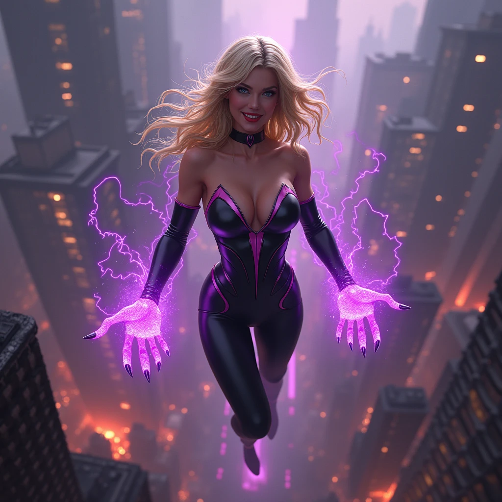 Beautiful and seductive, overflowing with dark power, an evil villainess floats above the recently destroyed husk of a heavily populated city. Dark purple tendrils of energy flow across her lithe fingers. Blonde hair with side swept bangs, glossy red lips curled into a sinister smirk as see views the destruction with glee.  Across her body, a skintight costume made of black with accents of pink reflect the power flowing from her godlike form.  Evil triumphs. 