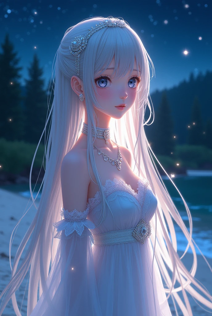 (masterpiece、Highest quality、8k、High resolution)、One female、(Beautiful Face、Beautiful Face)、Beautiful eyes、Beautiful lips、Beautiful nose、Silver blonde hair、(Anime Girl)、Sandy beach with a view of the forest、A bright night with stars visible、Mysterious light particles emitting from the body、Very mysterious light、jewelry、necklace、dress、(whole body)、Highly detailed anime art、A complete portrayal、