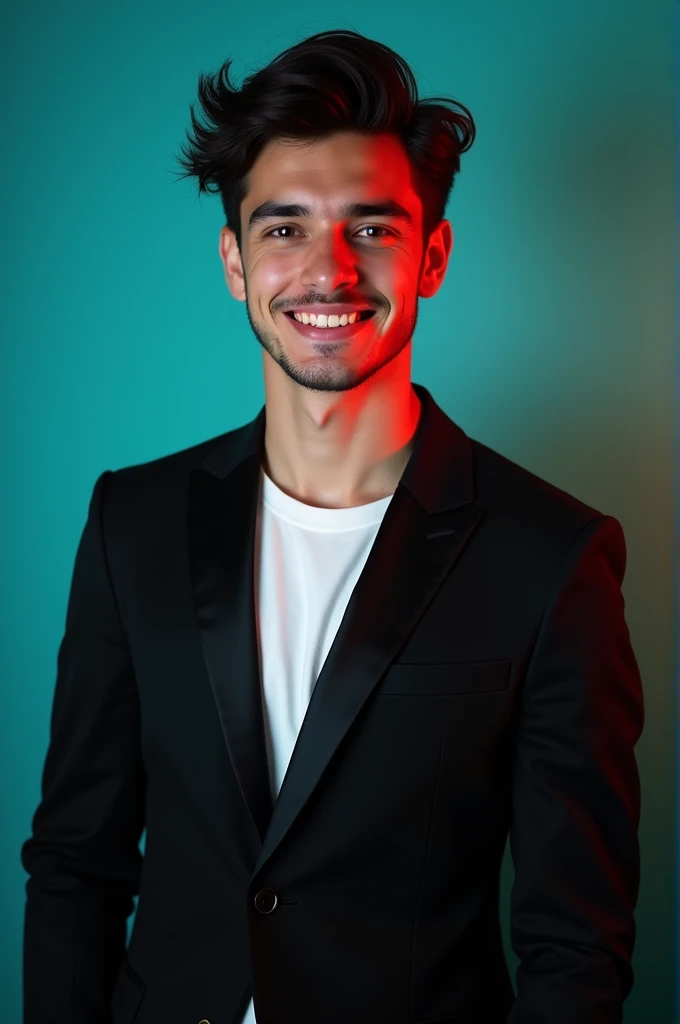 A young man with dark hair and a confident smile. He is dressed in a black blazer over a white shirt. The man is positioned against aqua colour backdrop with a subtle red lighting on the left side. and he posing for Linkedin profile