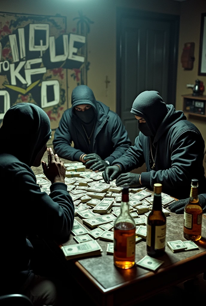 3 masked men in an apartment counting money from drug deals. There are alcohol bottles on the table, weapons money cigarettes in the ashtray in the background is “Unqiue Clique” 
