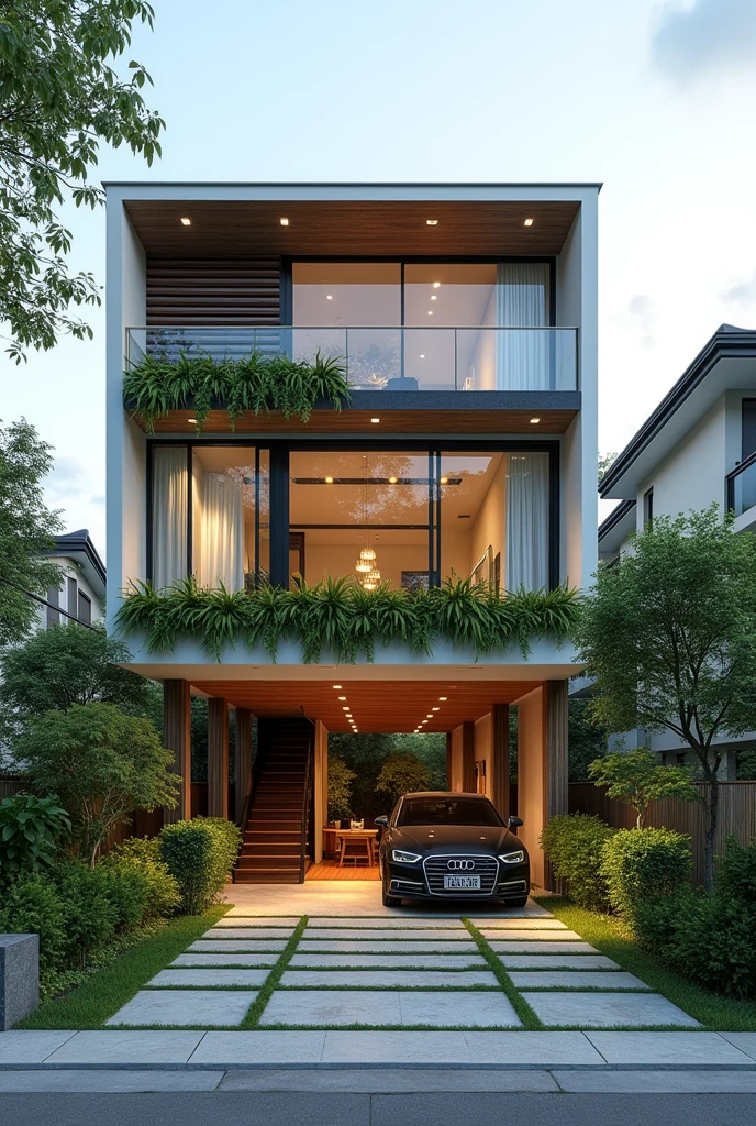 House that downstairs is all green patio and the house is elevated and that is modern I want it to be the common house in the city That it is low budget in a common residential area Make it a little bigger like 400 m2 of land Bigger the house and that it does not have construction below Without construction on the ground floor , only that the house is supported by pillars