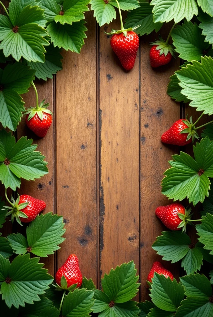 Can you make me a wooden background with strawberry leaves around it? 