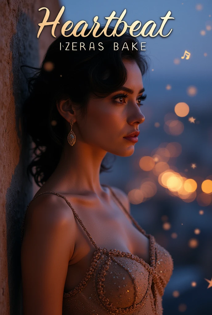 An evocative album cover featuring Taraki Star, a 90's female singer, posed in a stylish, vintage-inspired outfit. She gazes off into the distance, her expression filled with emotion. Soft, warm lighting creates a dreamy atmosphere, with a focus on her face and a backdrop of a cityscape at dusk. The city lights twinkle in the distance, adding a sense of nostalgia. Subtle elements like musical notes and a microphone are interwoven into the visual, hinting at the musical theme. The album title 'Heartbeat' is displayed prominently in an elegant font, with Taraki Star's name slightly smaller below. The color scheme is rich and warm, featuring deep blues, purples, and golds, reflecting the emotional depth of the music and the era it represents. The overall design is polished and professional.