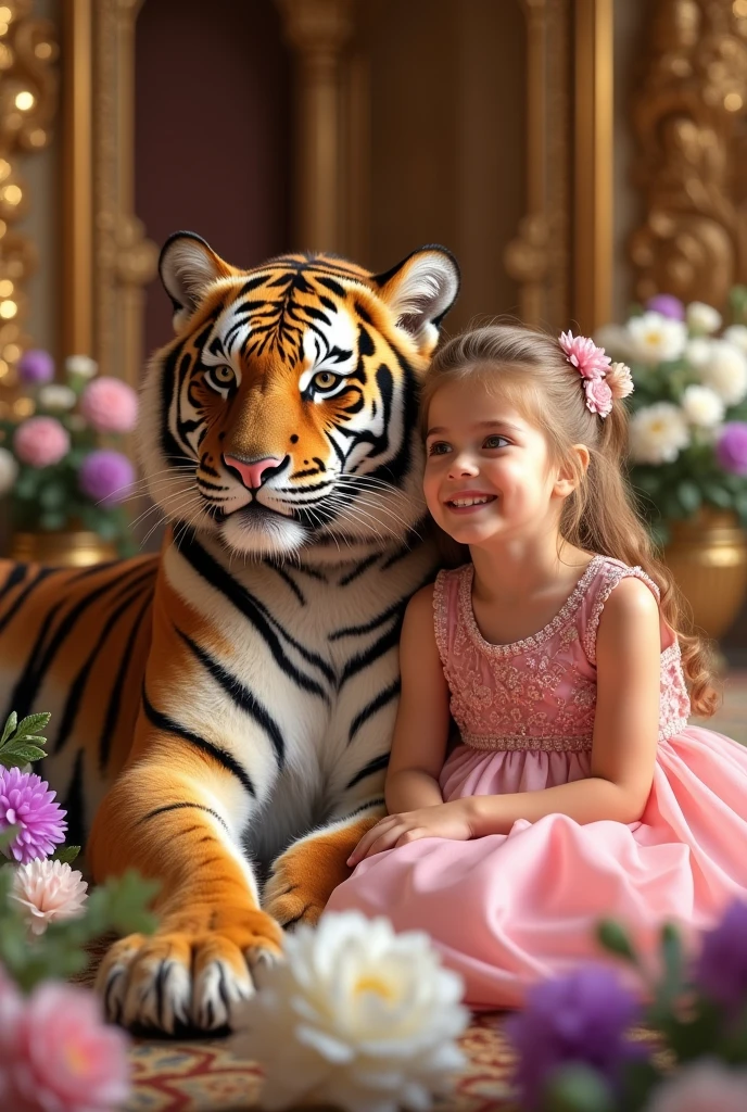 A very intelligent happy smiling and cute tiger in royal house in comfertable position with a girl and very smiling and he is so rich the background is completely golden and lot of gold he have he also have the smiling and a girl with him in pink dress and also there are lot of beautiful flowers as well in white and purple color and tiger is smiling and happy