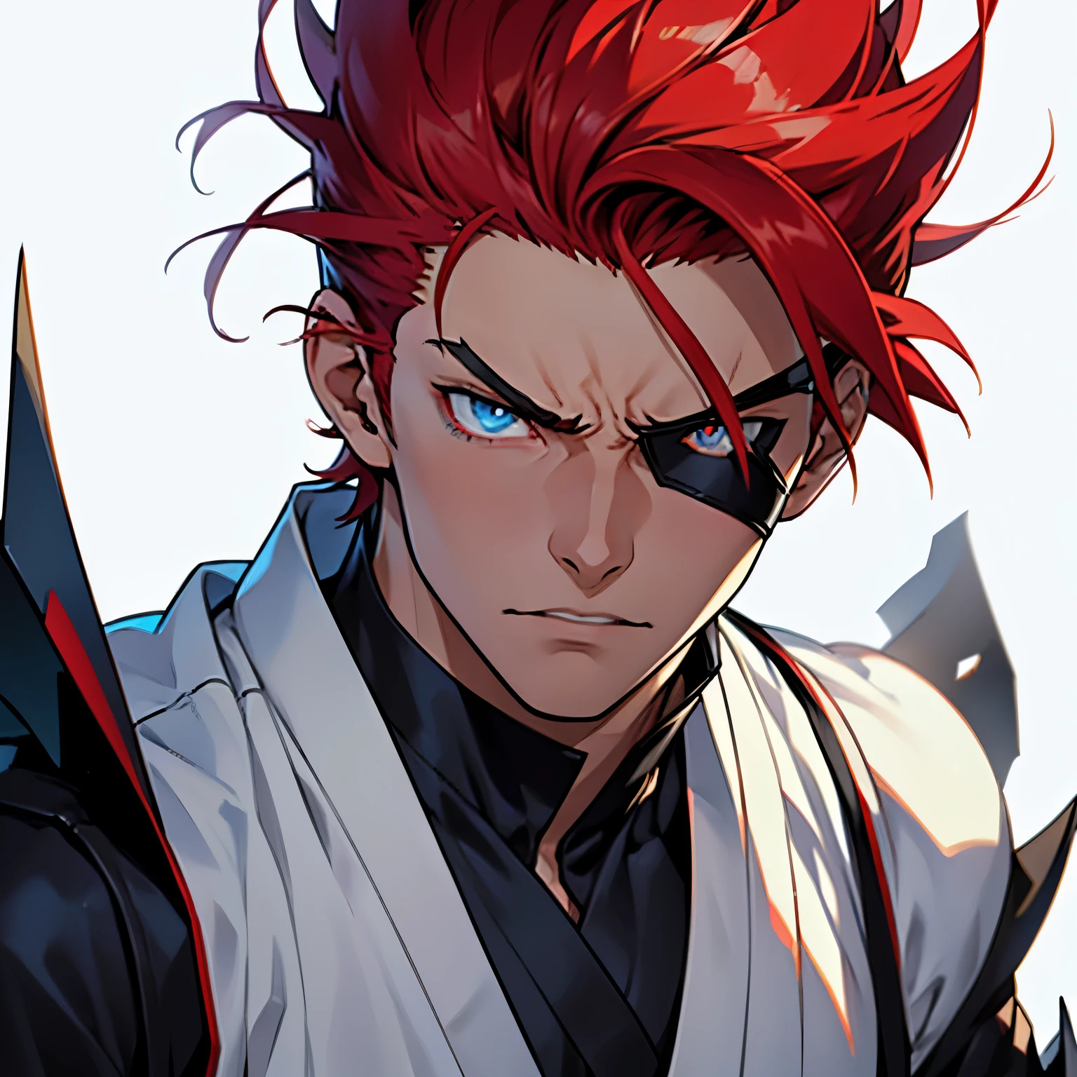 anime image of a male young adult with crimson red hair and light blue eyes, short spiky hair, 1man, male anime character, fighter, angry, ready to fight, eyepatch over an eye, head shot, close up shot, front shot, full head, white background, traditional japanese clothing, dark clothing