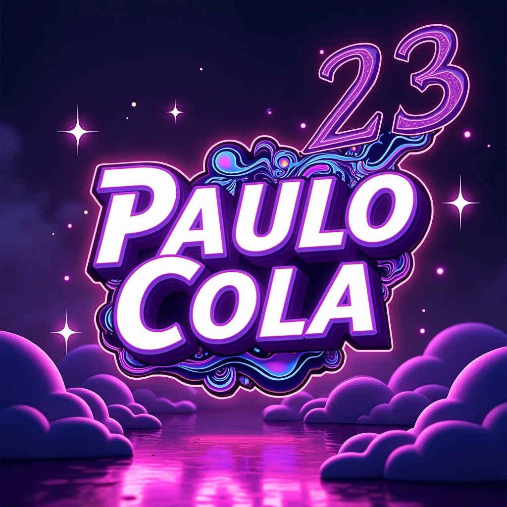 Please create an image with the name "Paulo Cola", AND the number "23", AND the name "PIÚMA". Use purple as the main color theme. Fluorescent colors.