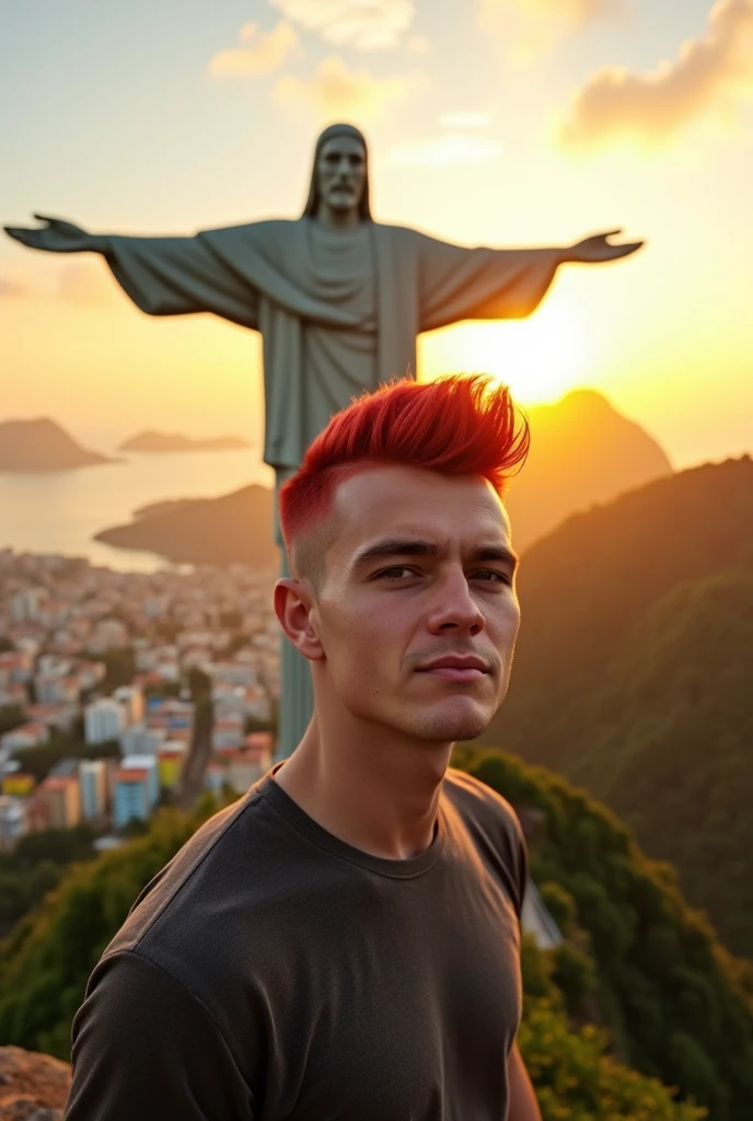 Red-haired man with short straight hair and a moica cut in front of Christ the Redeemer in Rio de Janeiro