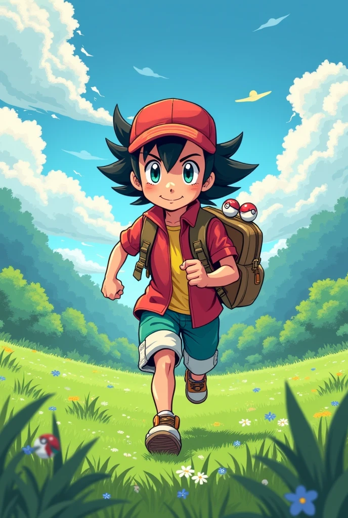 style ((8 bits, retro) elegant, beautiful face, chubby nose, well-built, pokemon trainer costume, adventure, field, Role playing game, videogame, schoolbag, pokeball, barba, eyes, run.