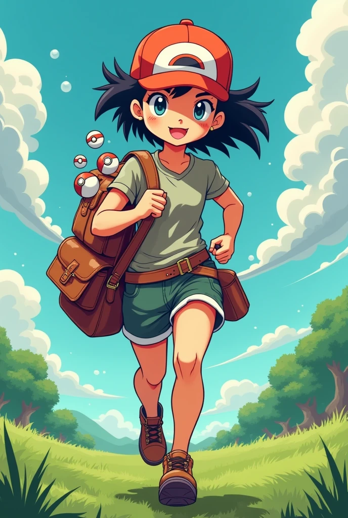style ((8 bits, retro) elegant, beautiful face, chubby nose, well-built, pokemon trainer costume, adventure, field, Role playing game, videogame, schoolbag, pokeball, barba, eyes, run.