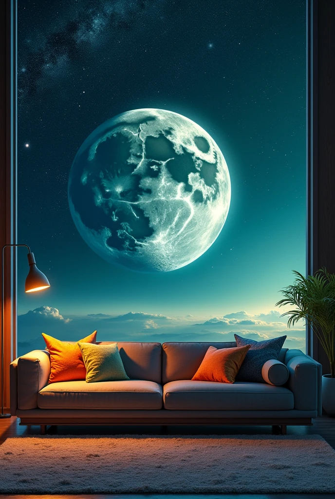 A moon in space in a big universe with planet Earth behind with a sofa and a television