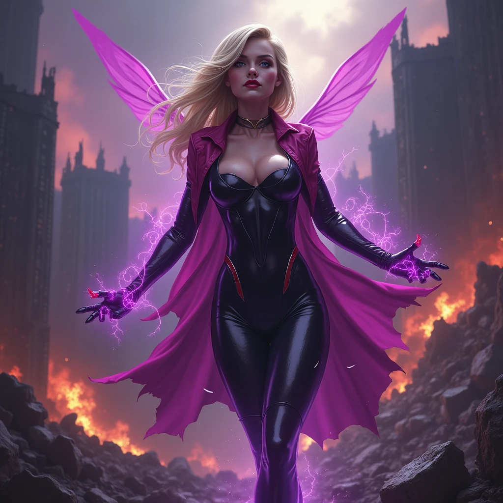 Beautiful and seductive, overflowing with dark power, an evil villainess floats above the recently destroyed husk of a heavily populated city. Dark purple tendrils of energy flow across her lithe fingers. Blonde hair with side swept bangs, glossy red lips curled into a sinister smirk as see views the destruction with glee. Across her body, a skintight costume made of black with accents of pink reflect the power flowing from her godlike form. Evil triumphs.