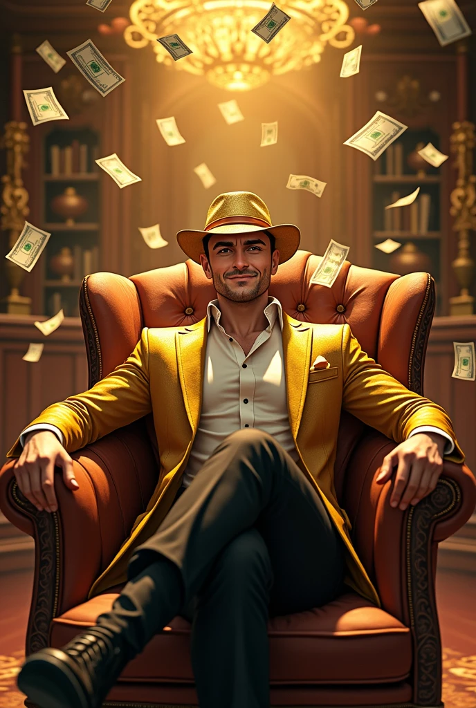 A very handsome bald guy with a bored smile and money raining in his office wearing a gold hat,gold suit and black pants demon slayer anime version