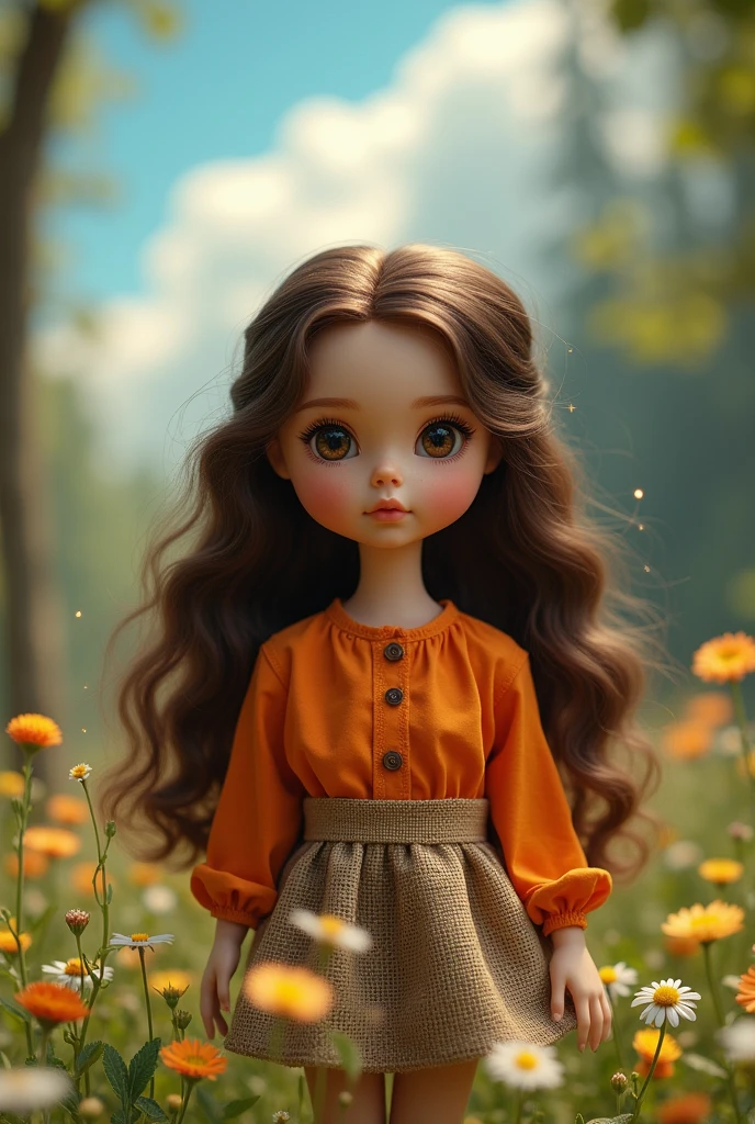 Brunette doll with long wavy hair and big brown eyes with an orange blouse and burlap skirt