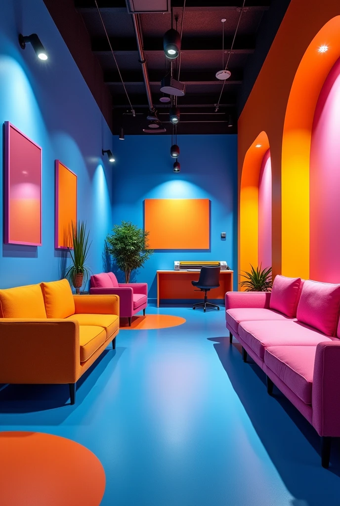 Interior design, Area 18mt depth 6 width 5mt, advertising agency, colors blue orange fuchsia, behind workshop tools cutting table and many printers, for the small entrance. Waiting area and graphic design area