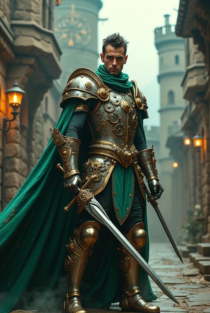 "Create a character in a medieval steampunk setting, using the art style reminiscent of Pokémon. The character is a fierce rival in a turn-based battle game, dressed in a blend of medieval armor with steampunk elements. They wield a weapon that combines traditional and mechanical features, and their expression shows determination and strength. The environment should include a mix of medieval architecture and steampunk machinery, with vibrant, harmonious colors."