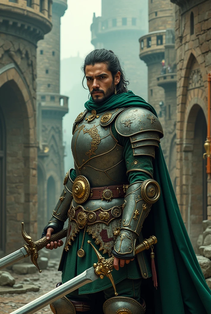 "Create a character in a medieval steampunk setting, using the art style reminiscent of Pokémon. The character is a fierce rival in a turn-based battle game, dressed in a blend of medieval armor with steampunk elements. They wield a weapon that combines traditional and mechanical features, and their expression shows determination and strength. The environment should include a mix of medieval architecture and steampunk machinery, with vibrant, harmonious colors."