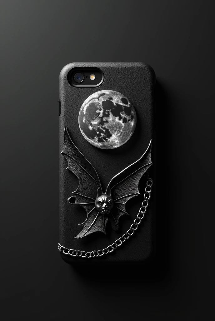 Black phone case with 3d silver bat, 3D silver moon and a silver chain passing through the middle going from the top right corner of the cover to the bottom left corner of the 3D cover